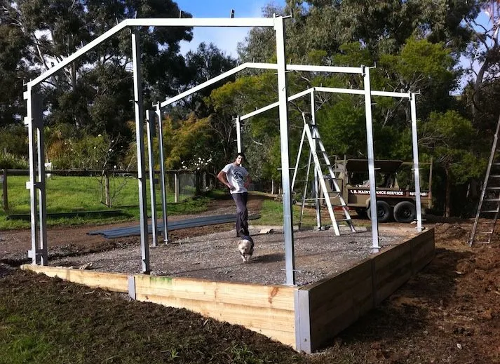 Steel shed frame going up