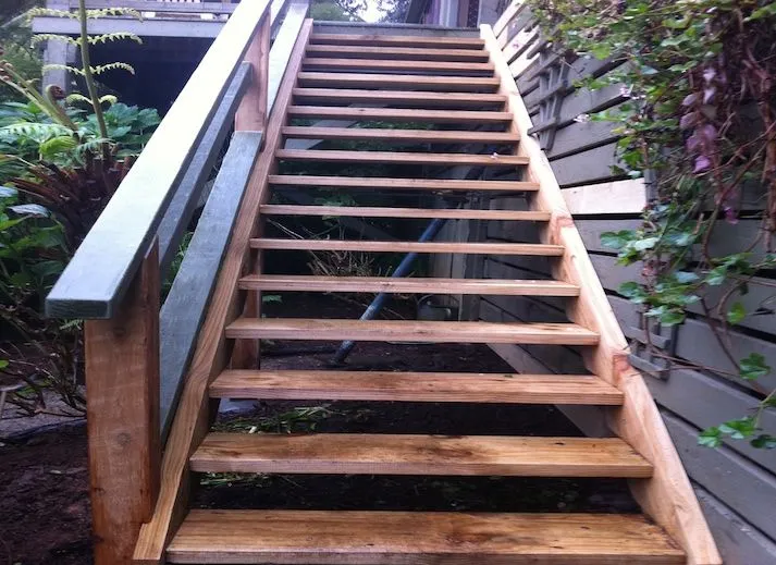 Long external timber staircase